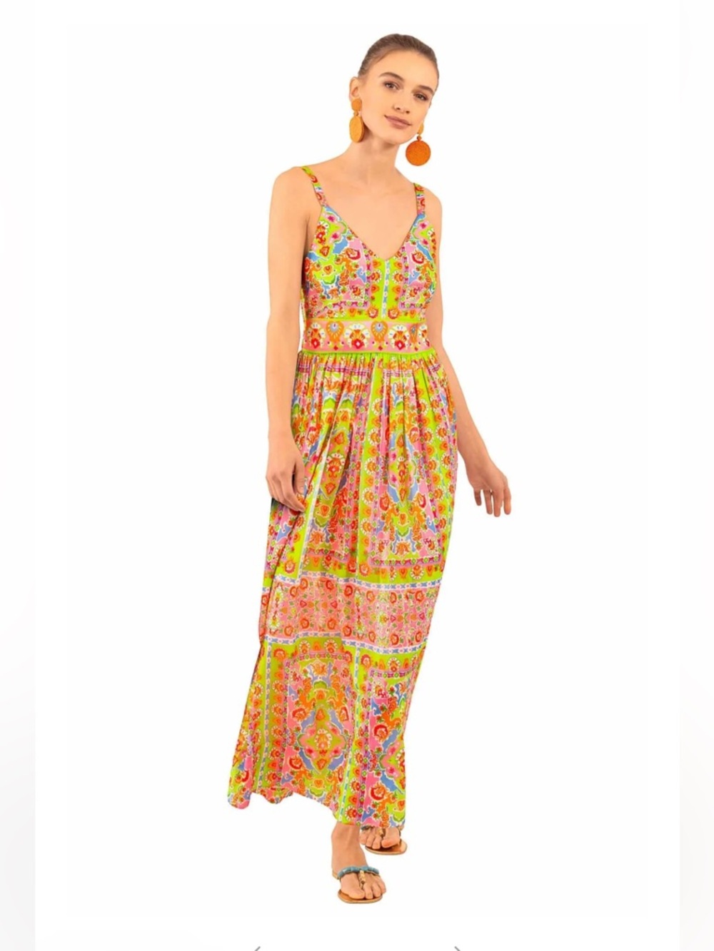 Gretchen Scott Fiesta Time Watteau Maxi Pink/ Lime Dress Size L